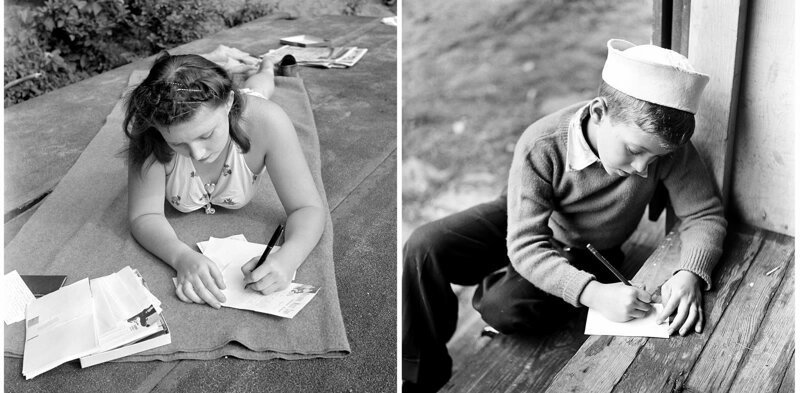 Девушка пишет письмо своему парню. Летний лагерь в Интерлочене, штат Мичиган, 1942 г. Мальчик пишет письмо домой, лагерь Генри, Нью-Йорк, 1948 г.