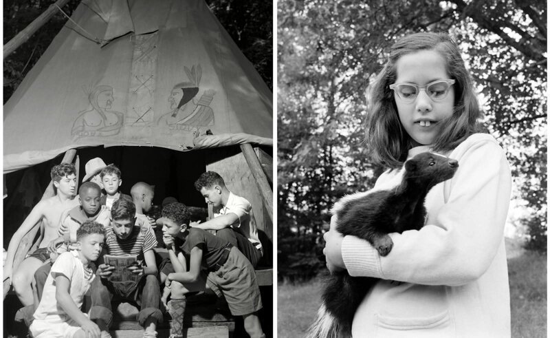 Мальчики читают комиксы. Лагерь Натана Хейла, Саутфилд, 1943 г. Девочка держит на руках скунса, 1963 г.