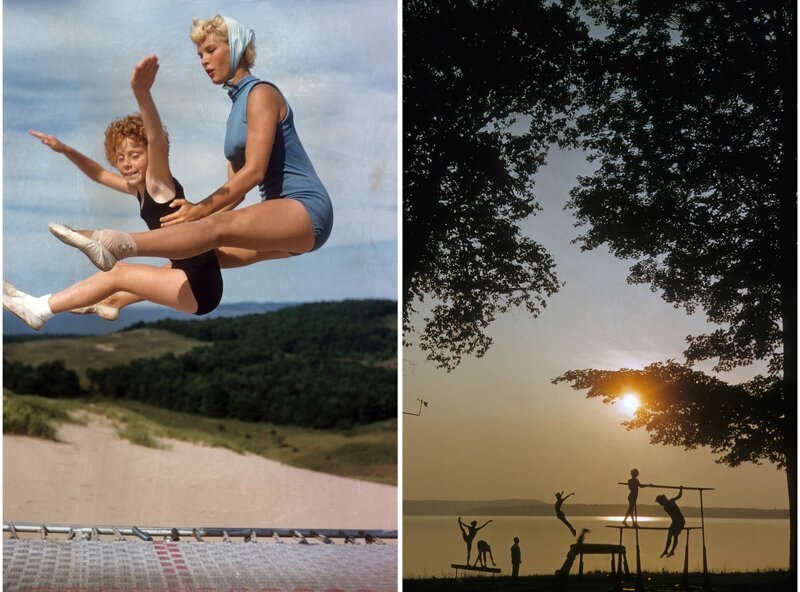 Занятия гимнастикой на берегу озера Элк в Вильямсбурге, штат Мичиган, 1956 г.