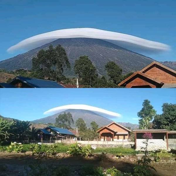 Лентикулярное облако покрыло кратер вулкана Ринджани, Индонезия