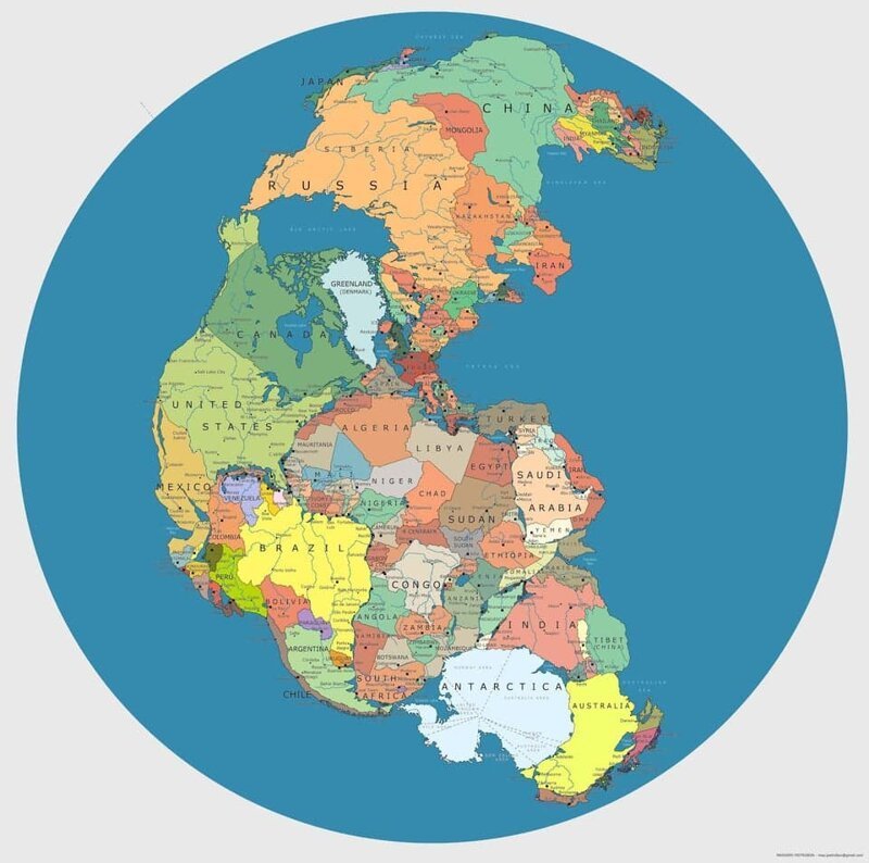 11. Политическая карта мира, при условии, что сверхконтинент Пангея существовал бы до сих пор