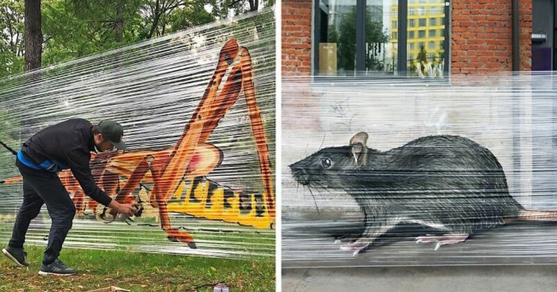 Московский художник рисует граффити на прозрачной пленке
