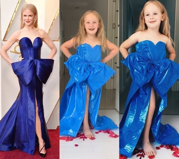 Девчушка умело копирует наряды знаменитостей с помощью того, что есть под рукой