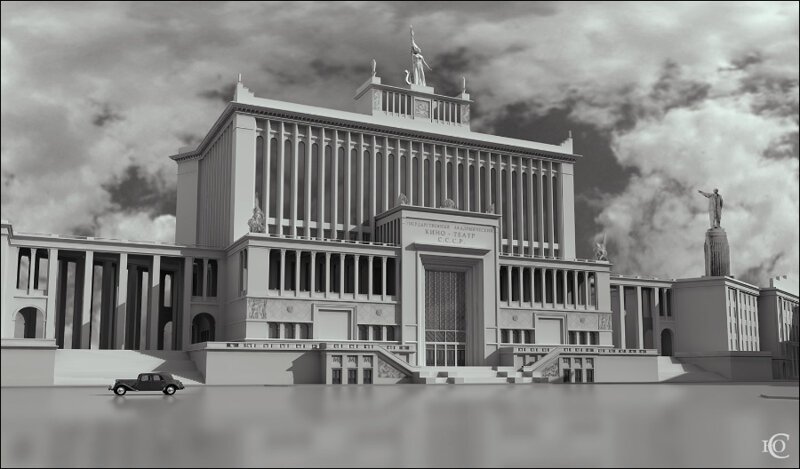 Проект Большого Академического кинотеатра на площади Свердлова. Один из проектов - авторы Д.Н. Чечулина и К.К. Орлова. На заднем плане виднеется тот самый спроектированный Дворец Советов