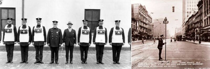 До изобретения светофоров полицейские были вынуждены регулировать движение вручную. Для этого использовали жезлы, специальные таблички на большом шесте и даже фонари на груди