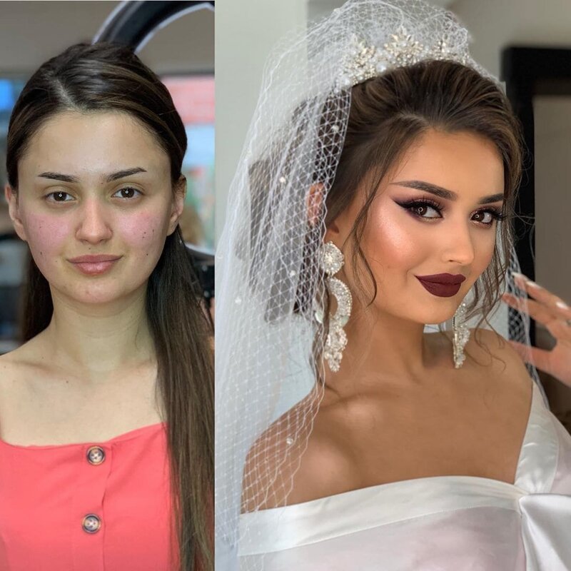 До и после свадебного макияжа и прически