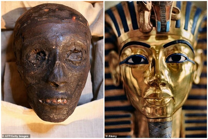 Отреставрированная мумия Тутанхамона и его знаменитая золотая погребальная маска