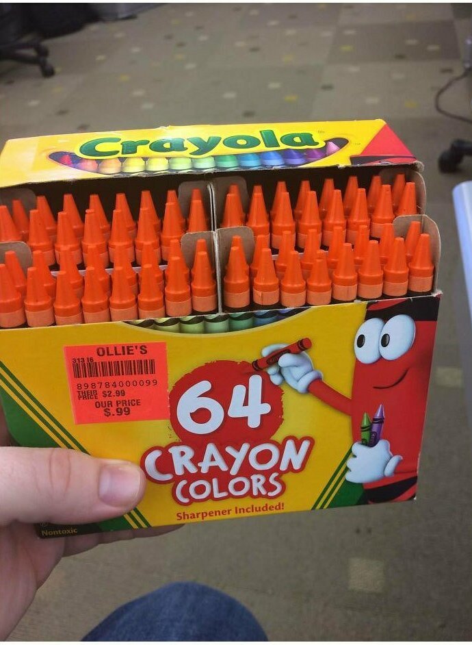 "Купили набор восковых мелков с 64 цветами. Оказалось, они все оранжевые!"