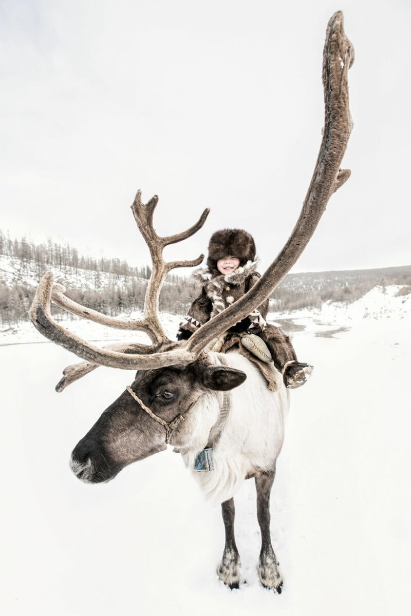 Эвенкийская девочка с северным оленем.