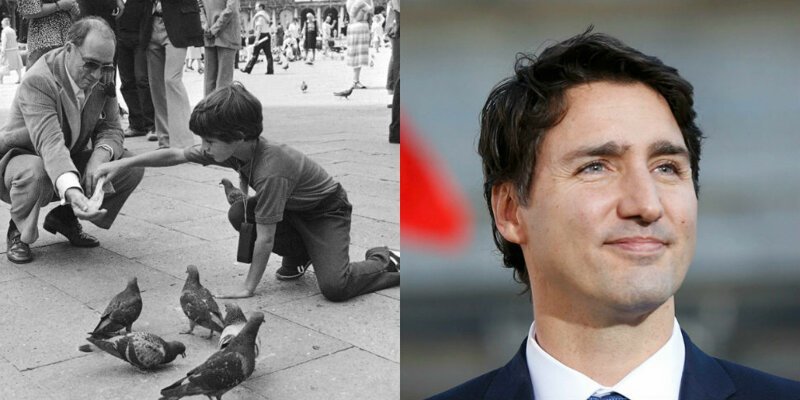 Премьер-министр Канады Джастин Трюдо кормит голубей в Венеции со своим отцом, Пьером Трюдо, который, в свою очередь, возглавлял правительство страны в 1980 году.