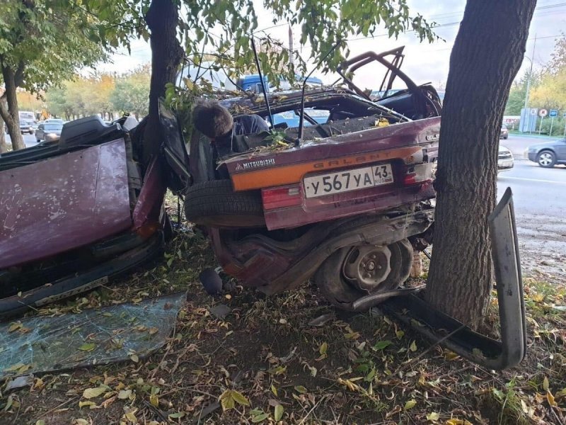 В Кирове старенький Mitsubishi "намотало" на дерево, чудом обошлось без погибших
