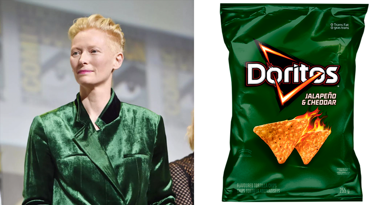 Кто-то заметил, что наряды Тильды Суинтон похожи на упаковки чипсов Doritos разных вкусов