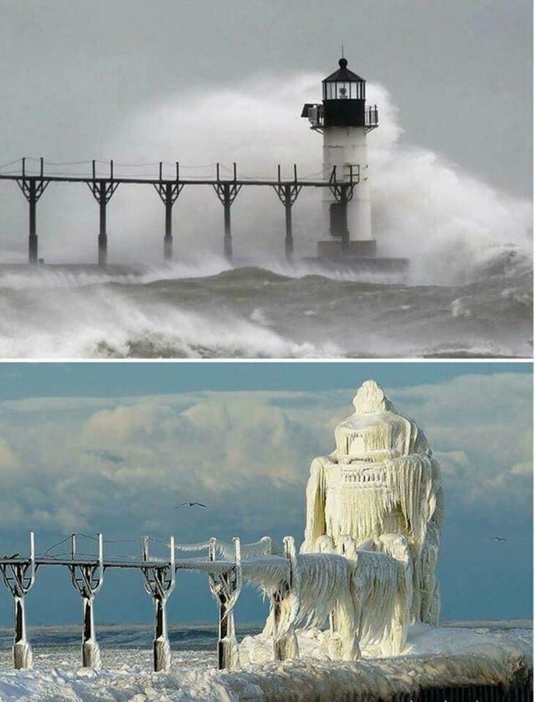 Маяк в Мичигане до и после ледяного шторма