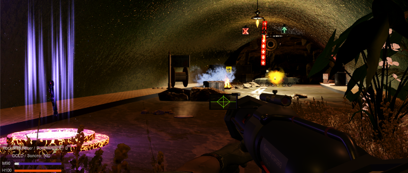 Вражеский танк стреляет фугасным снарядом по игроку. Слева боеприпасы гранатомета(анлим).