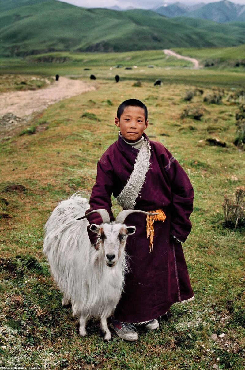 Мальчик-кочевник с козой неподалеку от поселка Литанг, Тибет, 2013 год