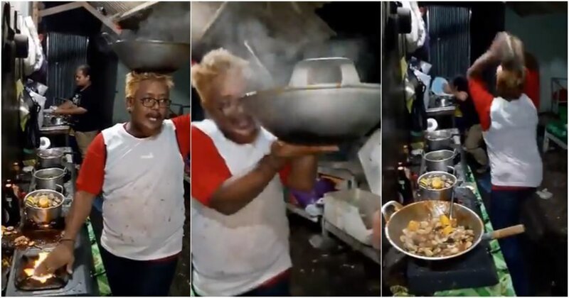 Малайзийский повар весело швыряется кастрюлями и кладет руку на огонь