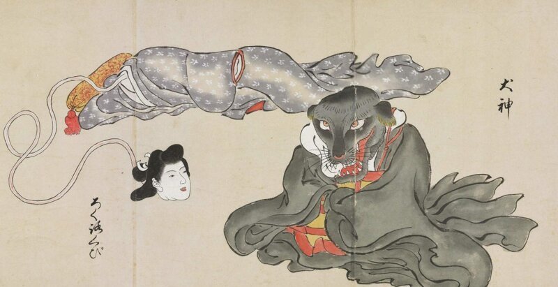 Рокурокуби (длинношеяя женщина) и Инугами (ее призрачный пес)