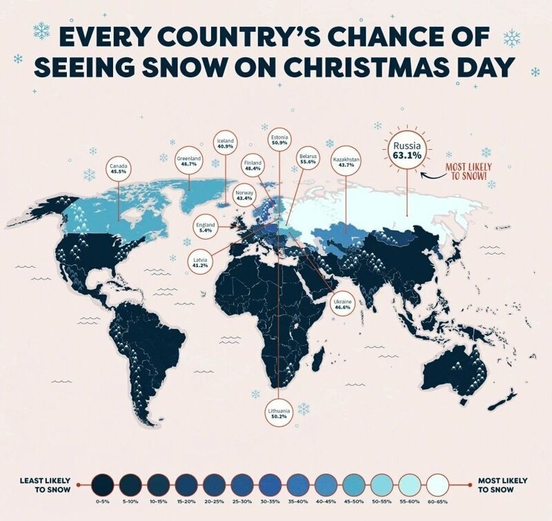 5. Шанс каждой страны увидеть снег на Рождество