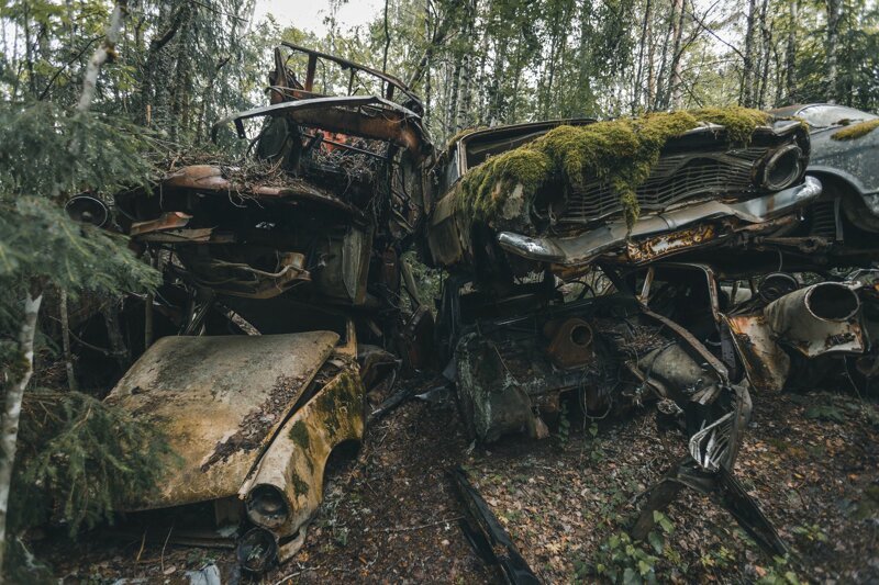 Заброшенные ретро-автомобили в лесу Швеции