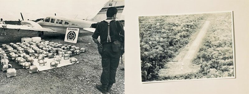 Арестованный груз наркотиков (слева). Взлетная полоса в джунглях (справа)