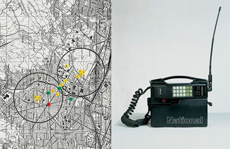  Слева: карта перехвата звонков Эскобара, 1993 год, справа: личный телефон Эскобара