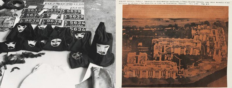 Поддельные номера и маски похитителей (слева). Дома во Флориде, купленные Эскобаром в 1981 году (справа)