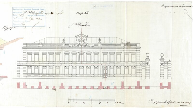 А вот проект фасада, 1885 г этого же здания, который удалось отыскать в архивах.