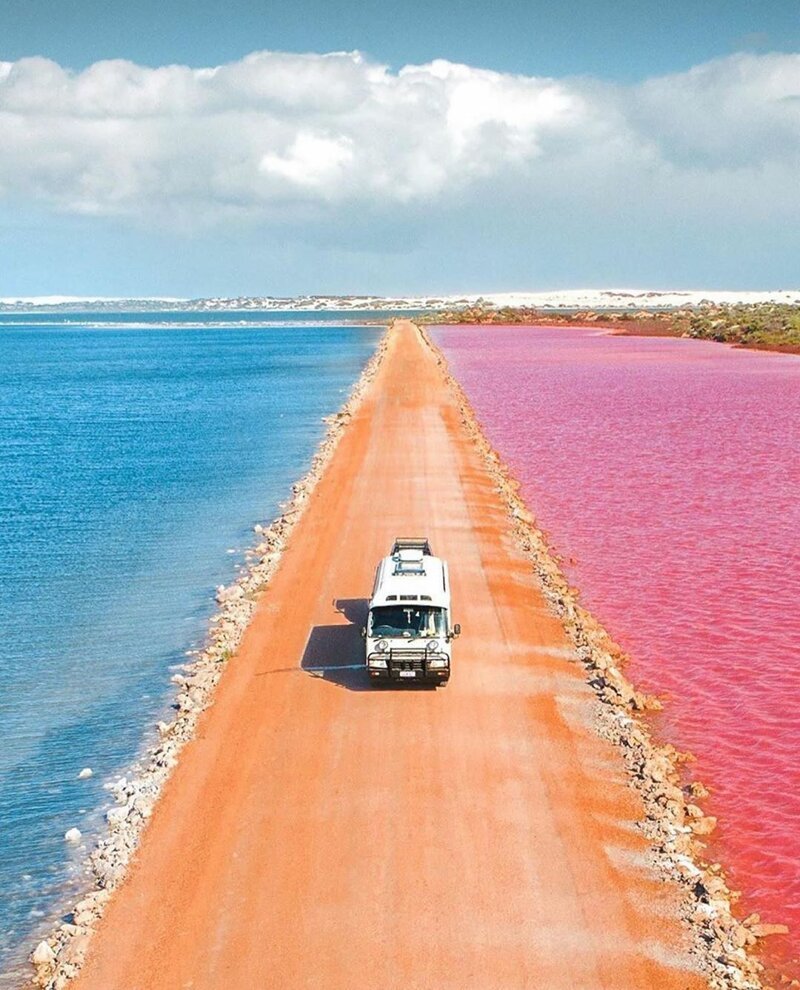 Австралия. Дорога вдоль розового озера