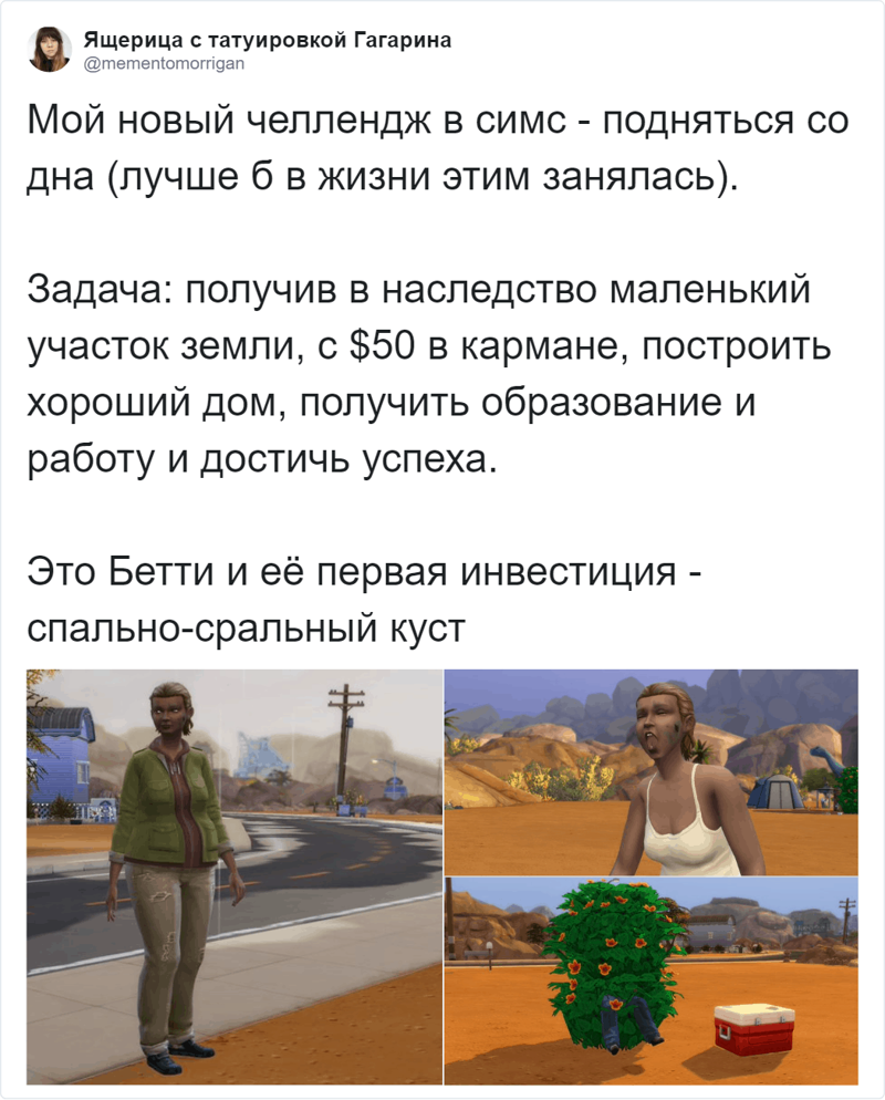 Девушка устроила челлендж в игре The Sims, создав персонажа «на дне», который потом добьётся успеха