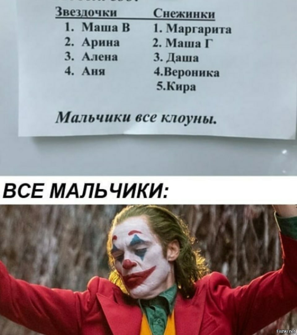 Девочки снежинки мальчики все клоуны