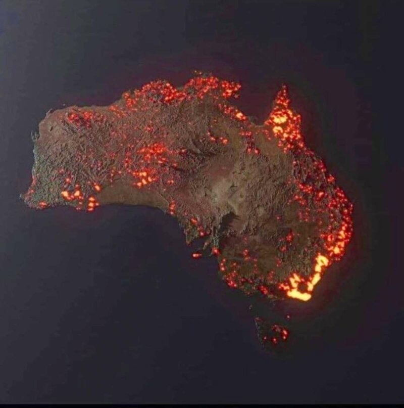 Это снимок выдается как фото горящей Австралии из космоса. На самом деле это работа Аnthony Hearsey – 3D-визуализация очагов возгорания за месячный период: