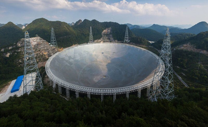 Самый большой в мире радиотелескоп FAST (Five hundred meter Aperture Spherical Telescope), в Пинтане, провинция Гуйчжоу.
