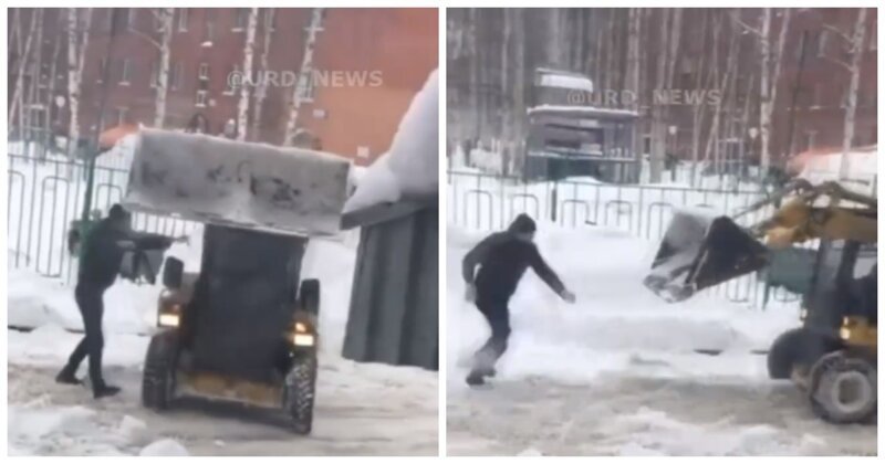 В ХМАО водитель «Нивы» устроил комичное противостояние со снегоуборочной машиной