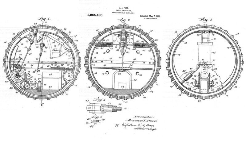 Один из первых шаротанков  - изобретение Арсена Парэ, под название "Военная машина"
