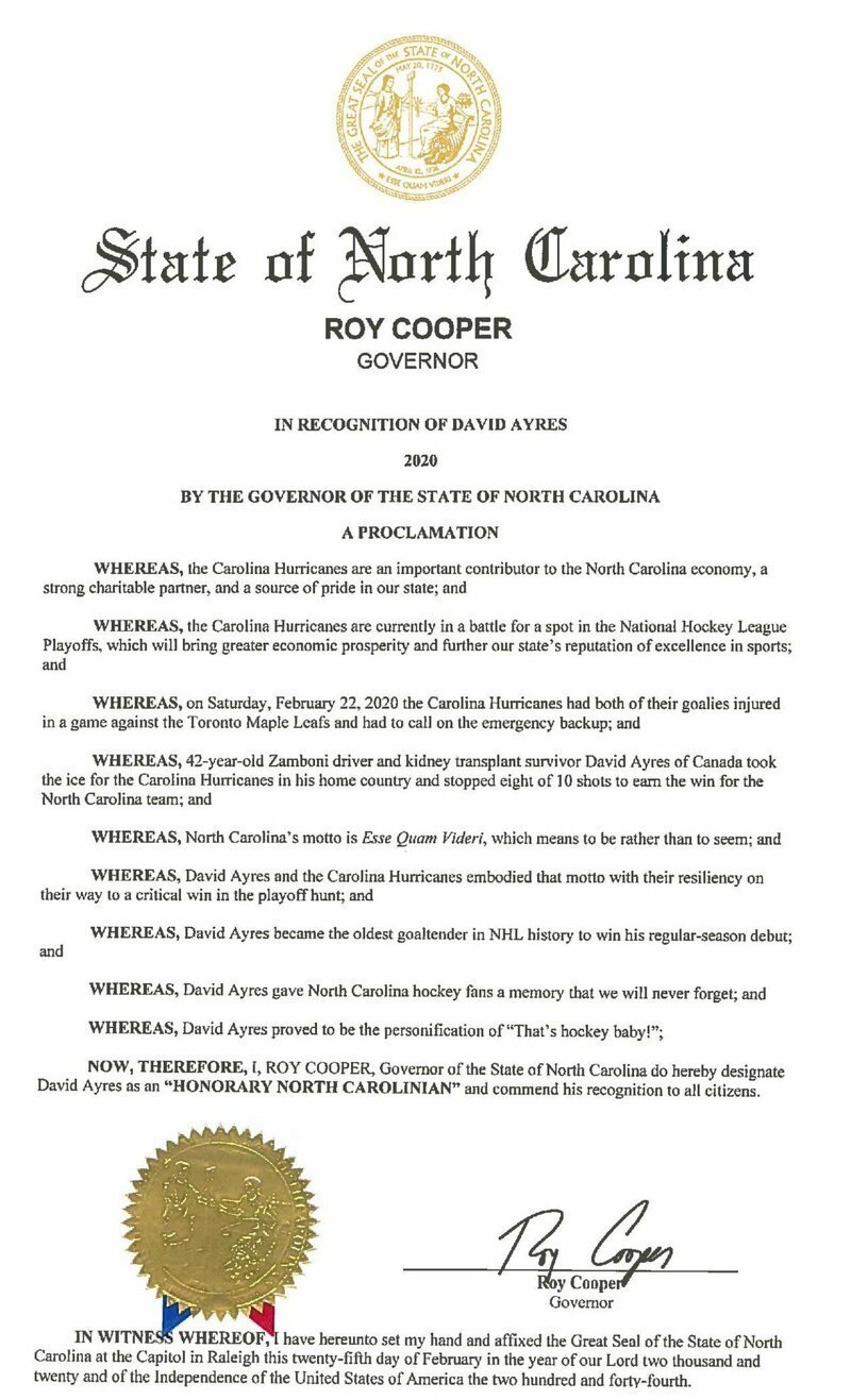 А губернатор штата Северная Каролина (откуда родом клуб «Carolina Hurricanes») присвоил Дейву звание почётного гражданина штата