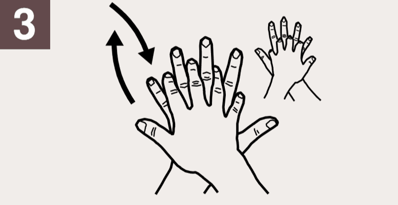 Затем нужно растереть правой ладонью тыльную сторону левой руки, переплетая пальцы. И наоборот
