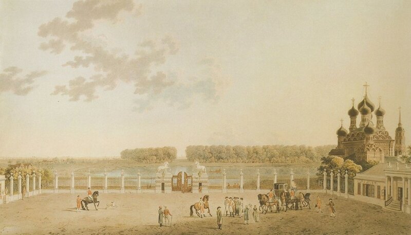 Вид с балкона Останкинского дворца. Гравюра Д. С. Лафона по рисунку Ж. Делабарта. 1790-е гг.