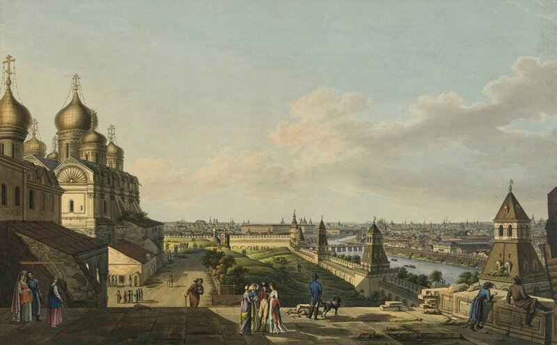 Вид на Москву с балкона Кремлевского дворца в сторону Москворецкого моста. Гравюра Ф. Лорие (или М. Г. Эйхлера) по рисунку Ж. Делабарта. 1797 г.