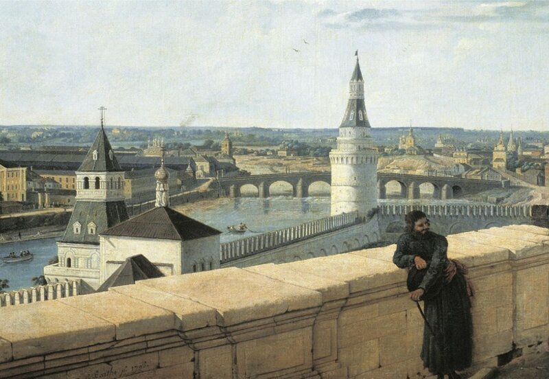 Вид в сторону Каменного моста. Гравюра Ф. Лорие (или М. Г. Эйхлера) по рисунку Ж. Делабарта. 1797 г. Стаффаж иной.