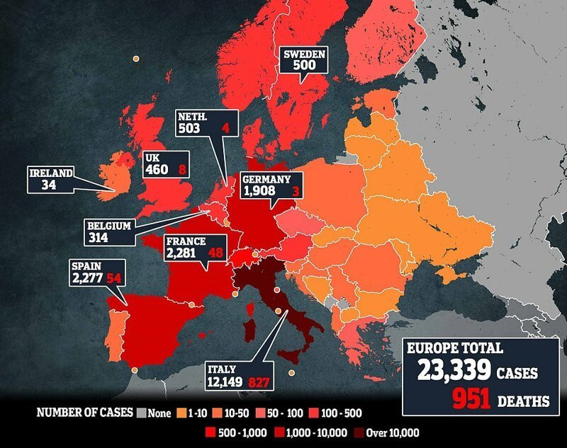 Число заболевших и умерших от коронавируса по Европе