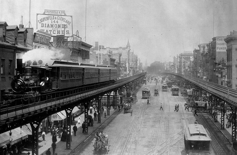 Надземные поезда на оживлённых улицах Манхэттена,1895 год