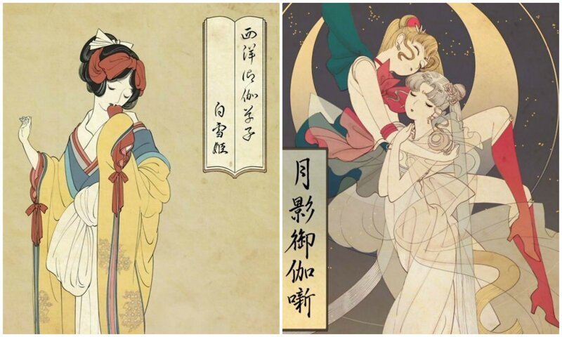 Мультяшные принцессы, нарисованные в японской технике укиё-э