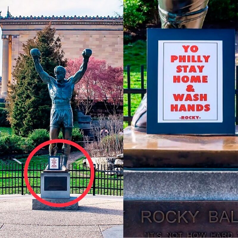 "Эй, Филадельфия, оставайтесь дома и мойте руки": табличка у статуи Роки Бальбоа