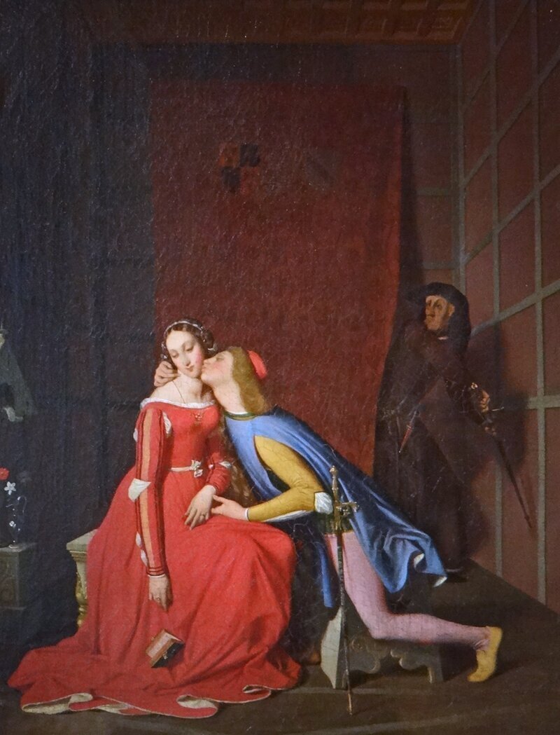 Паоло, целующий Франческу (а также ревнивый муж) на картине Энгра.