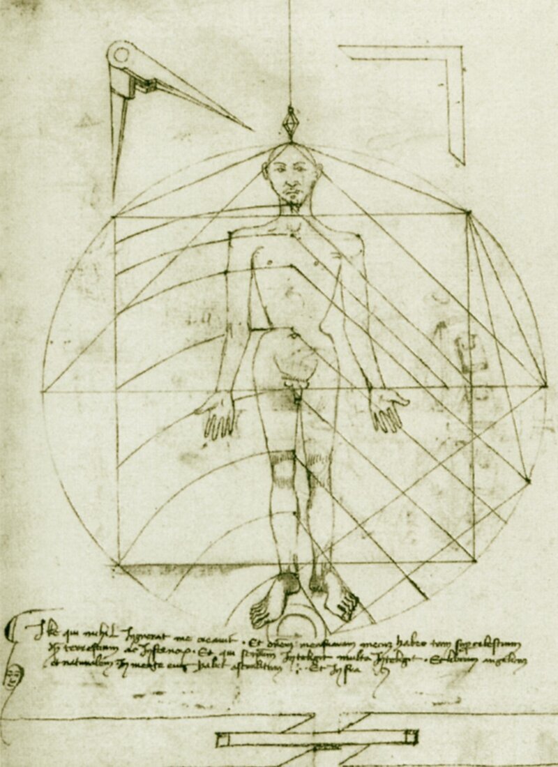 Таккола. Витрувианский человек, 1440-е годы (за полвека до создания рисунка Леонардо)