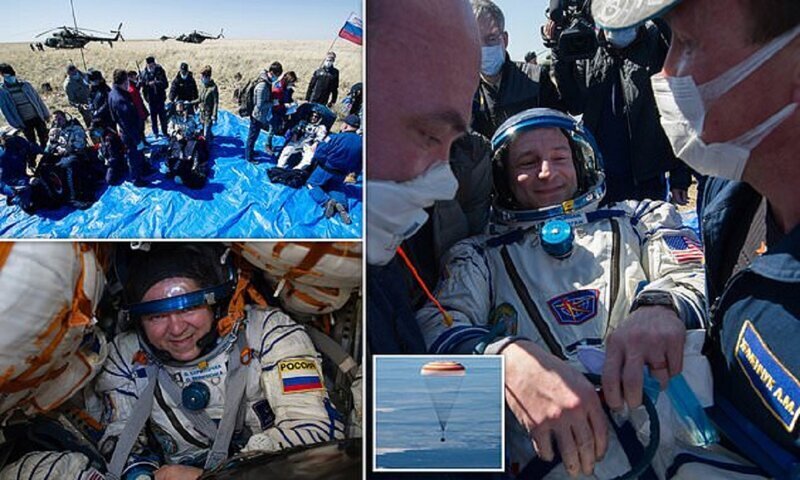 Вернувшихся на Землю космонавтов встретили врачи в масках