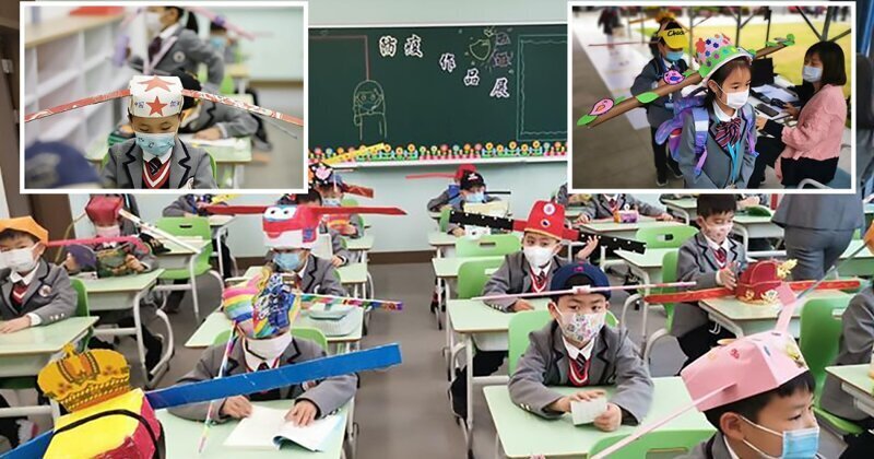 Китайских младшеклассников обязали носить шляпы для соблюдения дистанции