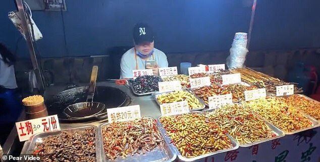 На этих кадрах - палатка с жареными во фритюре "солеными и острыми" насекомыми на продовольственной улице Чжуншань-роуд в Наньнине, Китай