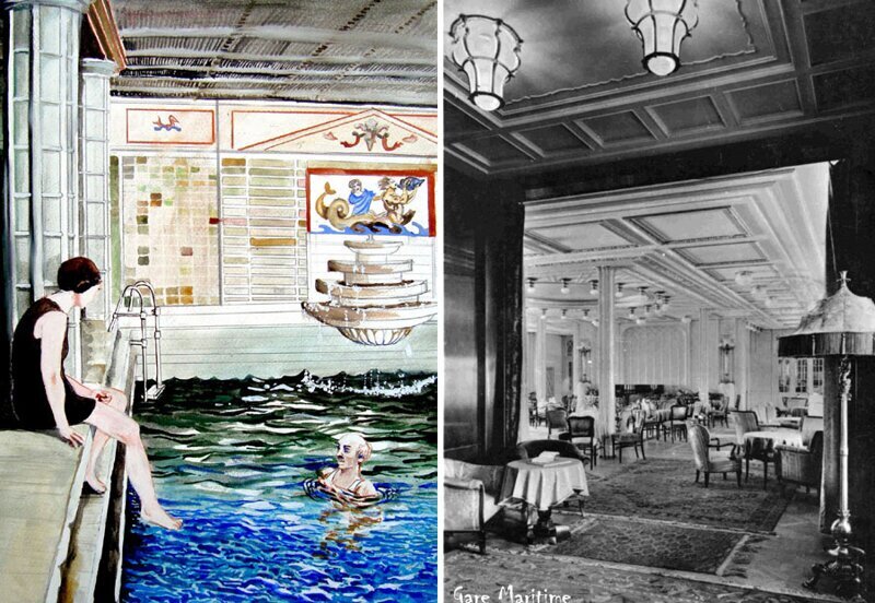"Кап Аркона" не зря носил прозвище "плавучий дворец". Слева - акварельный рисунок с изображением корабельного бассейна, оформленного в древнегреческом стиле, а справа - один из судовых ресторанов.
