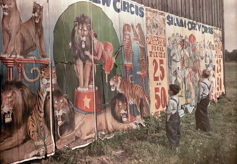 Дети рассматривают цирковые афиши. 1930. США. Автохром